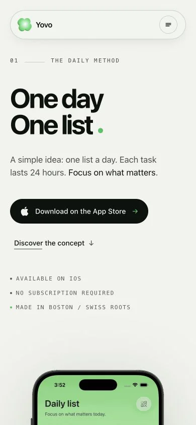 Version mobile de la landing page Yovo